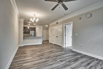 Wood-inspired vinyl plank flooring in living areas and baths